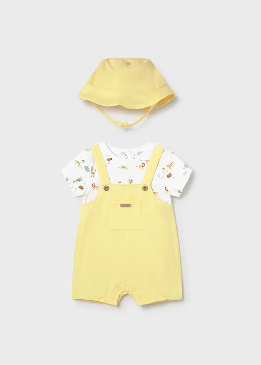 Mayoral 1607 Newborn Boy Romper with Hat and Faux Dungaree