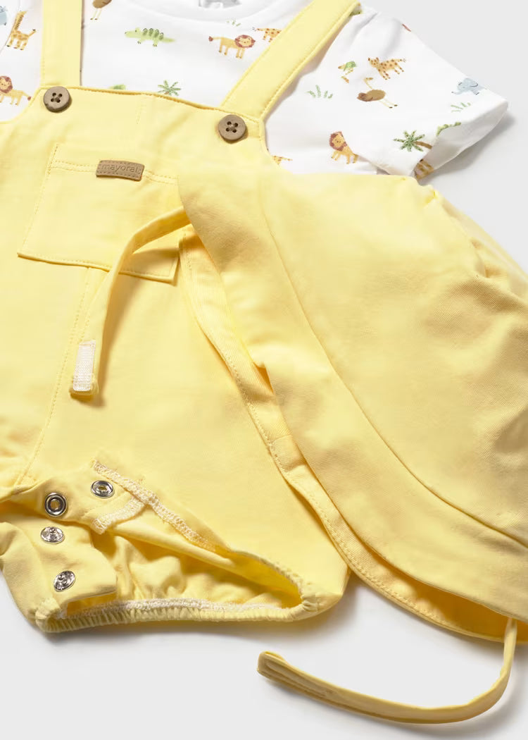 Mayoral 1607 Newborn Boy Romper with Hat and Faux Dungaree