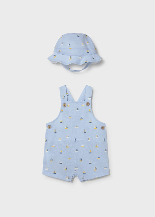 Mayoral 1611 Newborn Boy Printed Dungaree and Hat Set