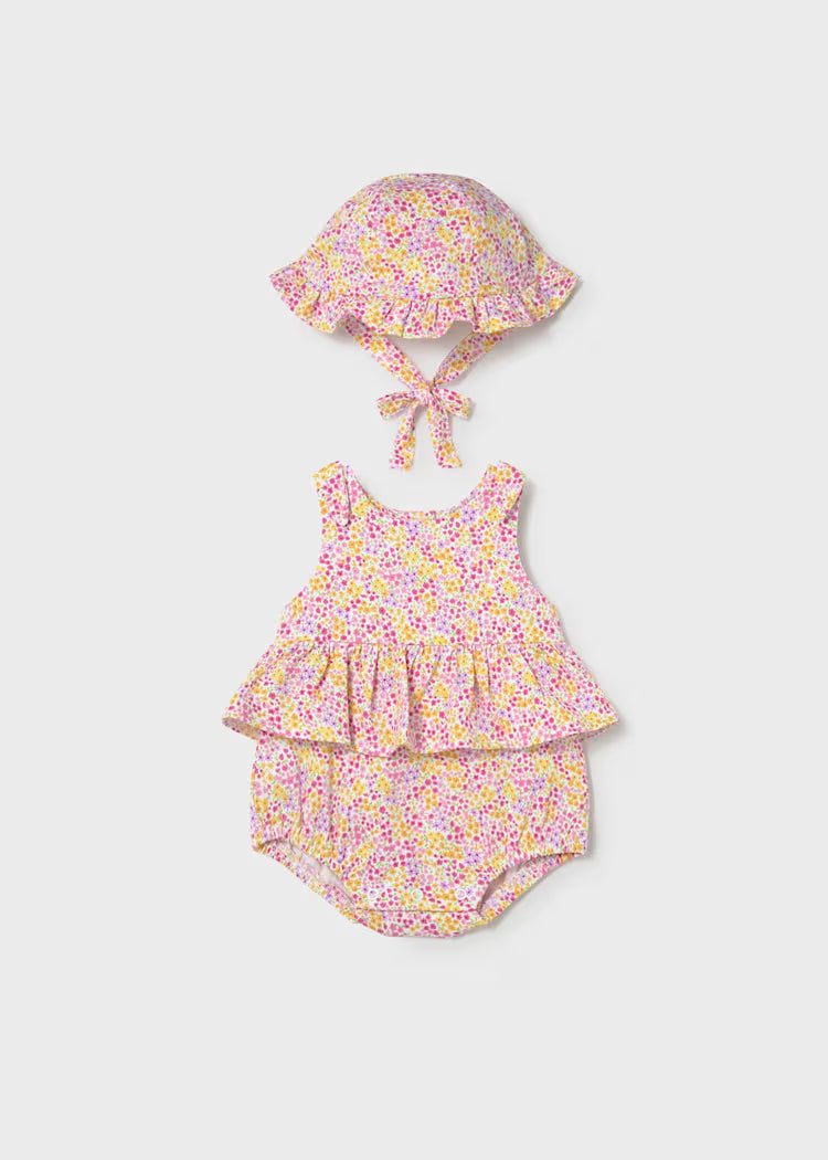 Mayoral 1632 Newborn Girl Printed Romper with Hat Set