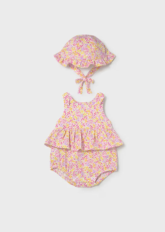 Mayoral 1632 Newborn Girl Printed Romper with Hat Set