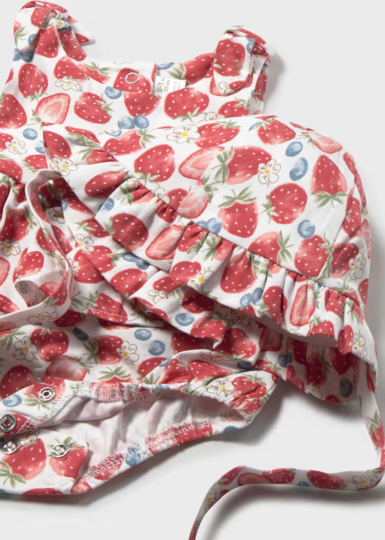 Mayoral 1632 Newborn Girl Strawberry Printed Romper with Hat Set