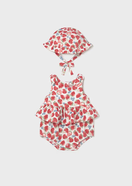 Mayoral 1632 Newborn Girl Strawberry Printed Romper with Hat Set