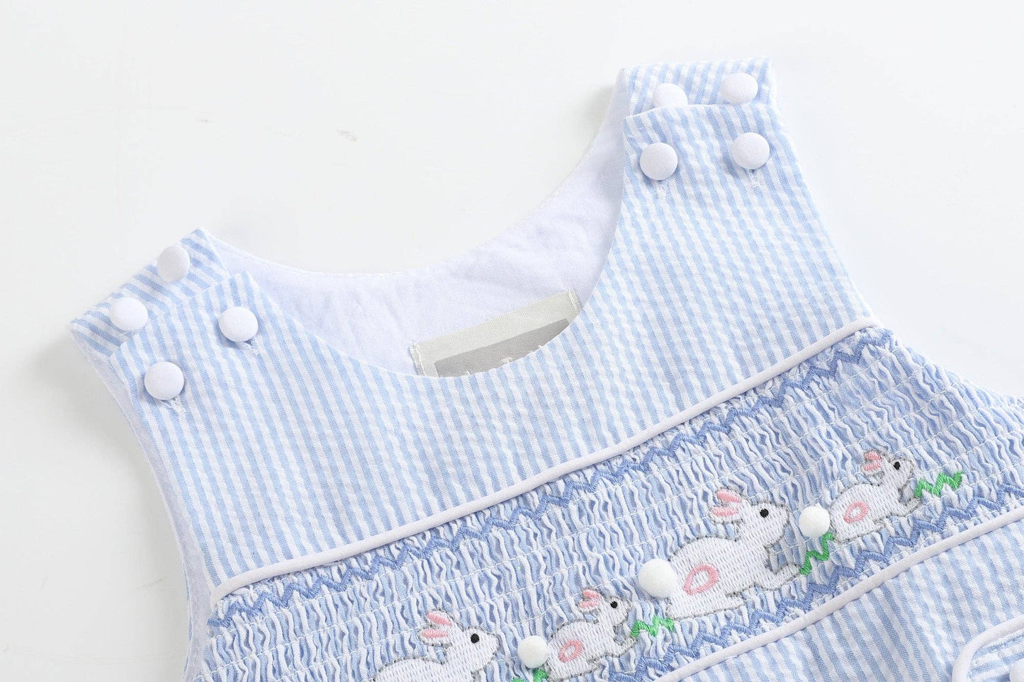 Blue Seersucker Bunnies Smocked Shortall