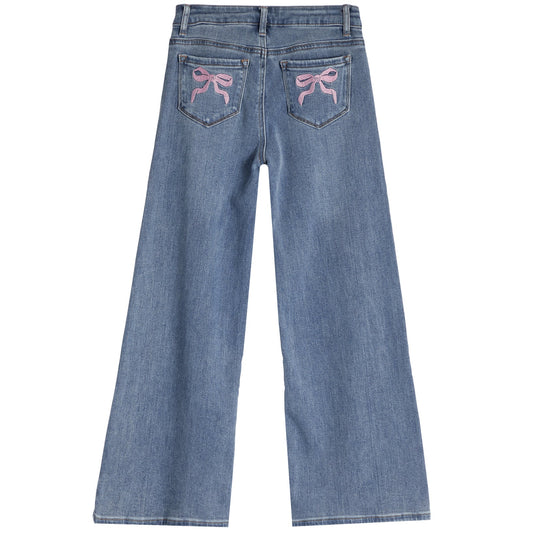 Tractr 23264 Bow Embroidery Wide Leg Jean