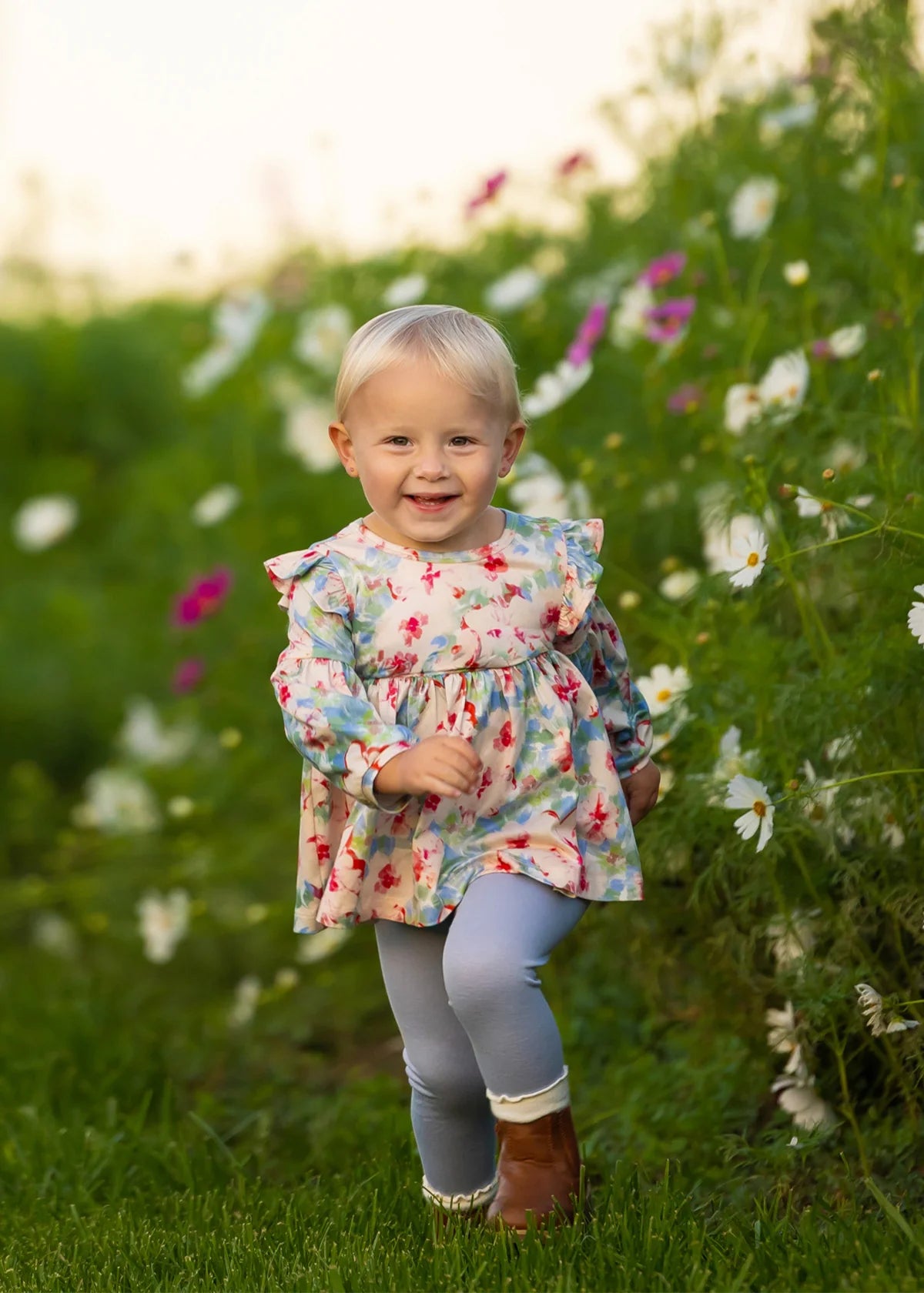 Floral Flutter Long Sleeve Ruffle Shoulder Top and Legging Set