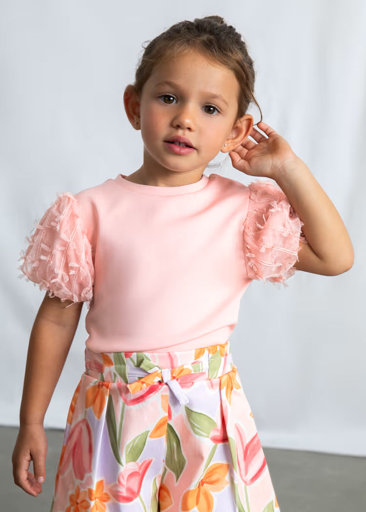 Mayoral 3001 Girl Pink Tulle Puff Sleeve T-shirt