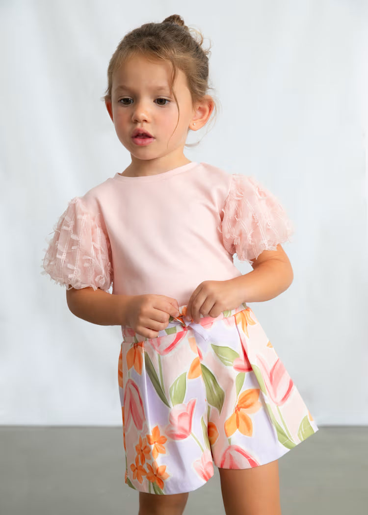 Mayoral 3001 Girl Pink Tulle Puff Sleeve T-shirt