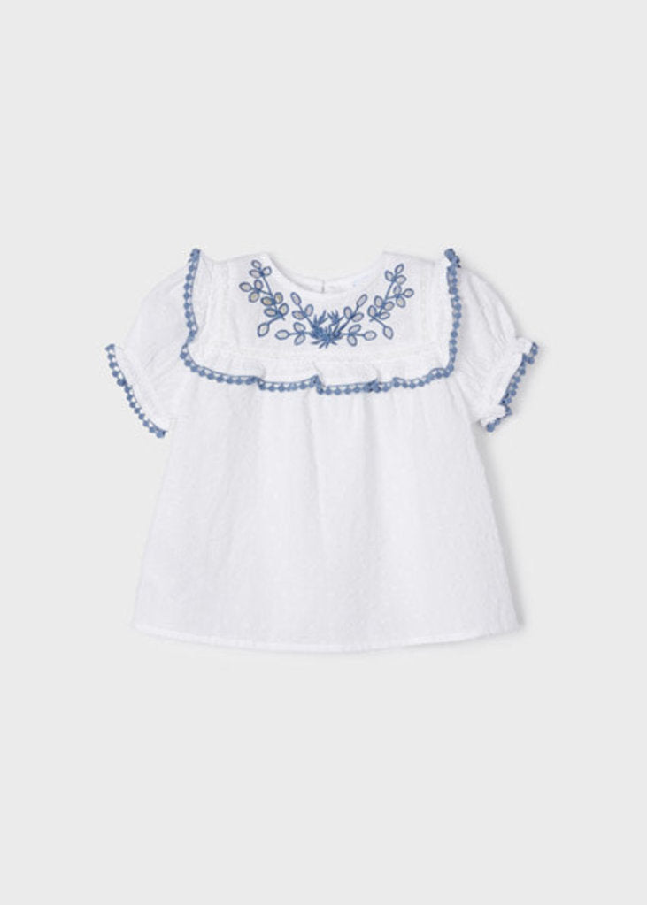 White with Blue Embroidery Detail Blouse