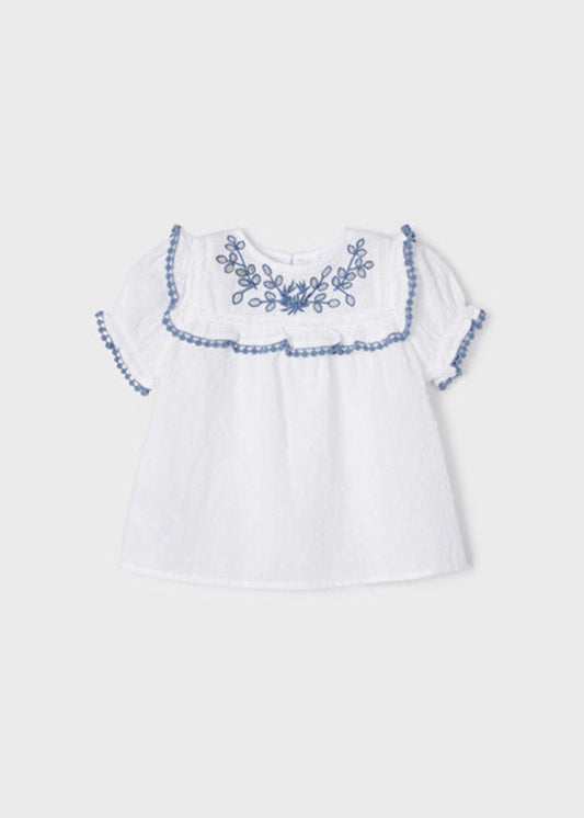 White with Blue Embroidery Detail Blouse