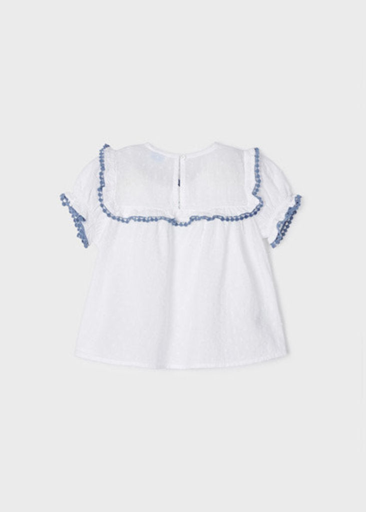 White with Blue Embroidery Detail Blouse