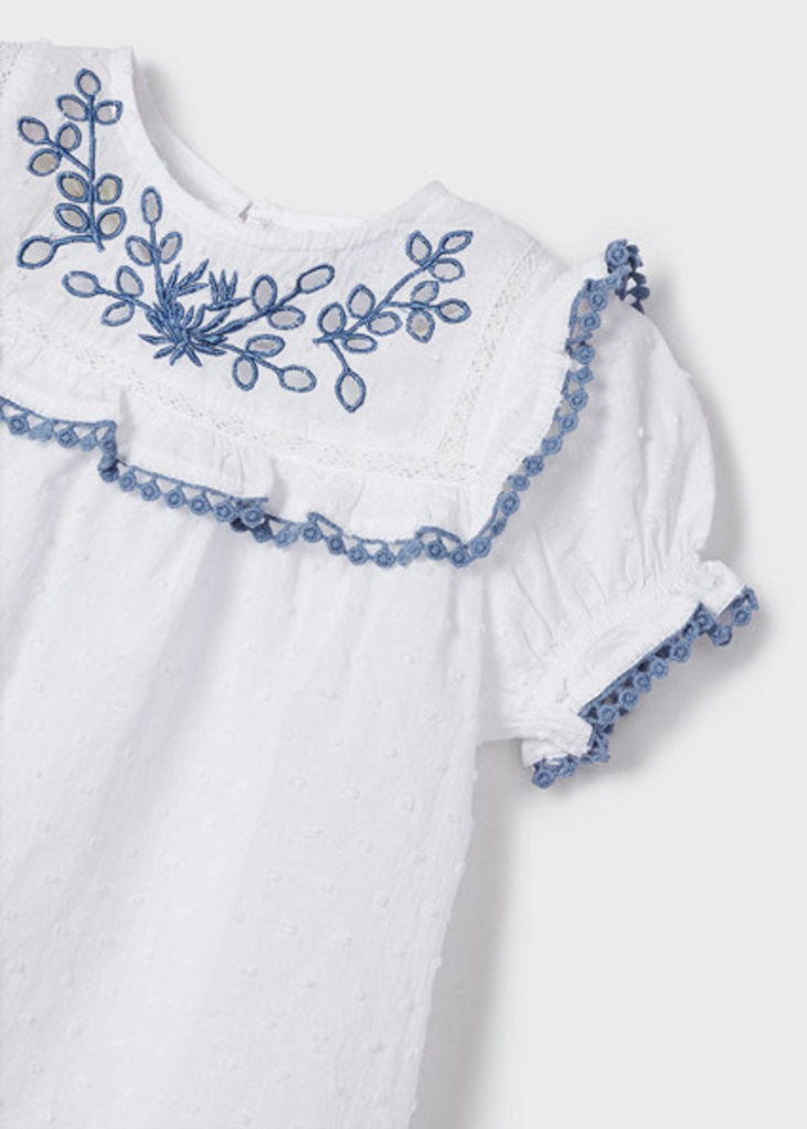 White with Blue Embroidery Detail Blouse