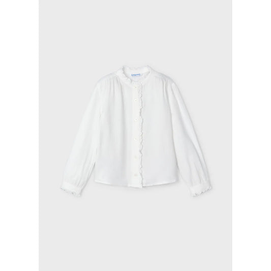 White Blouse Frill Trim Long Sleeve