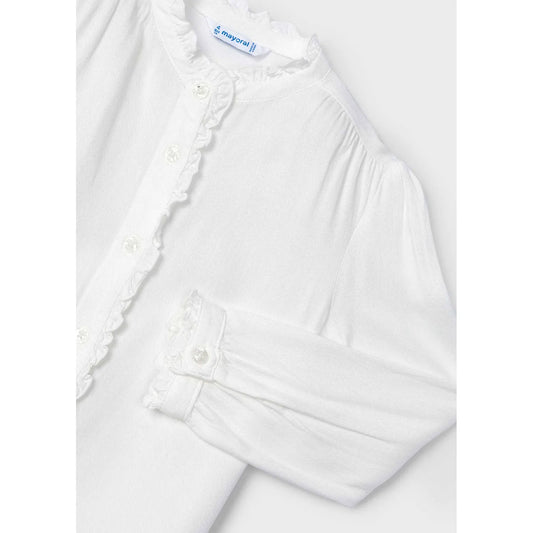 White Blouse Frill Trim Long Sleeve