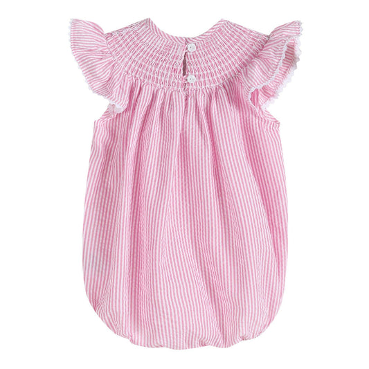 Pink Seersucker Running Bunnies Smocked Flutter Romper