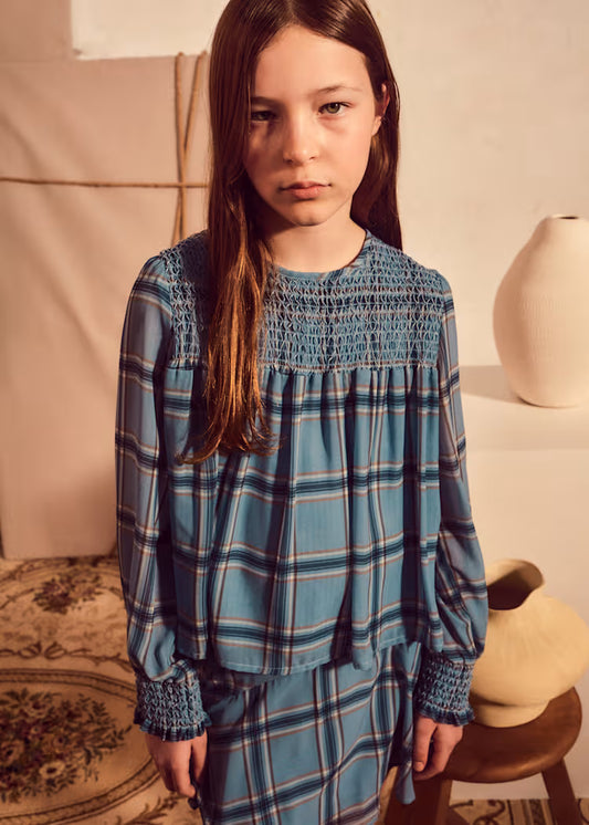 Mayoral 7121 Smocked Chiffon Blouse Blue Plaid