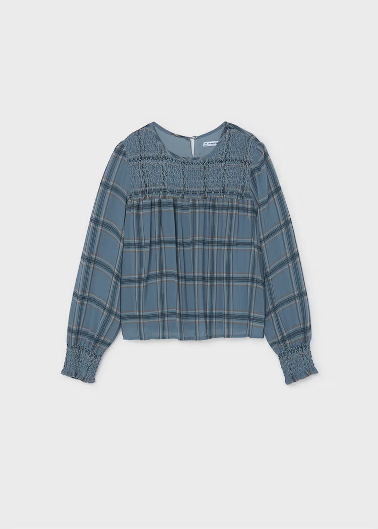 Mayoral 7121 Smocked Chiffon Blouse Blue Plaid