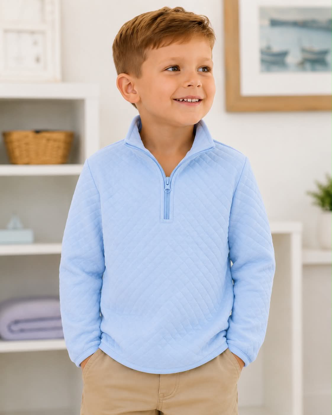 1/4 Zip Quilted Pullover- Light Blue