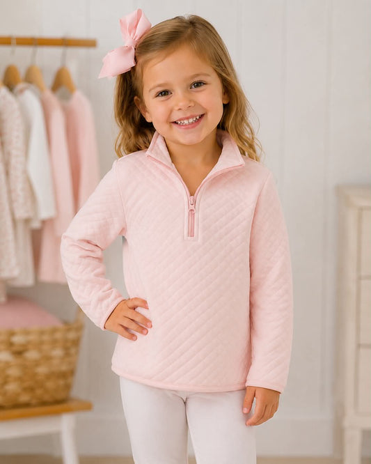 1/4 Zip Quilted Pullover- Light Pink