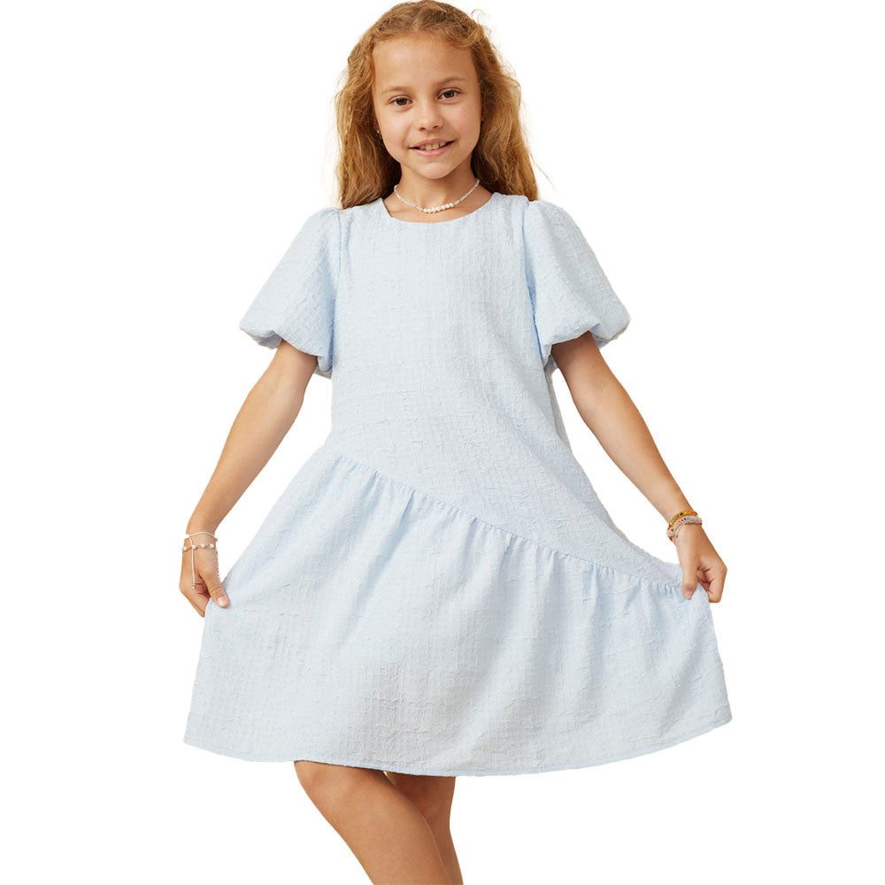 Textured Puff Sleeve Asymmetric Hem Dress