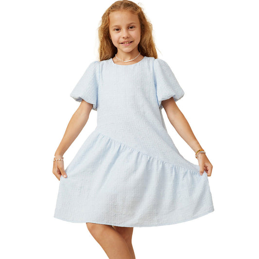 Textured Puff Sleeve Asymmetric Hem Dress