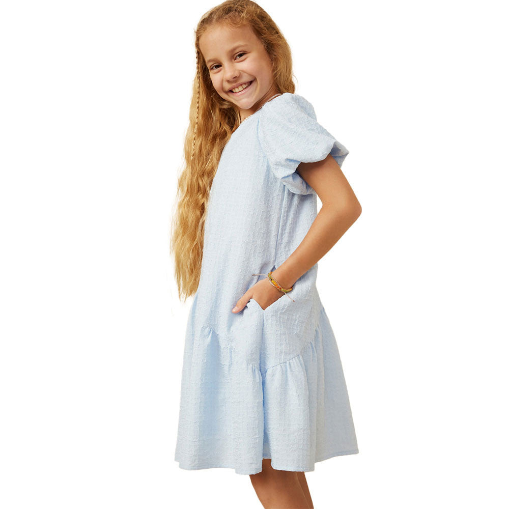Textured Puff Sleeve Asymmetric Hem Dress
