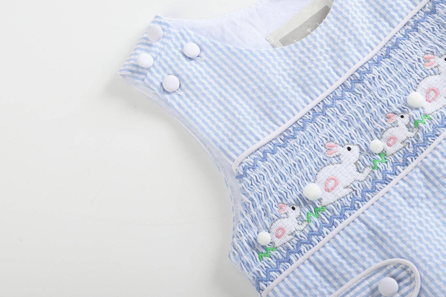 Blue Seersucker Bunnies Smocked Shortall