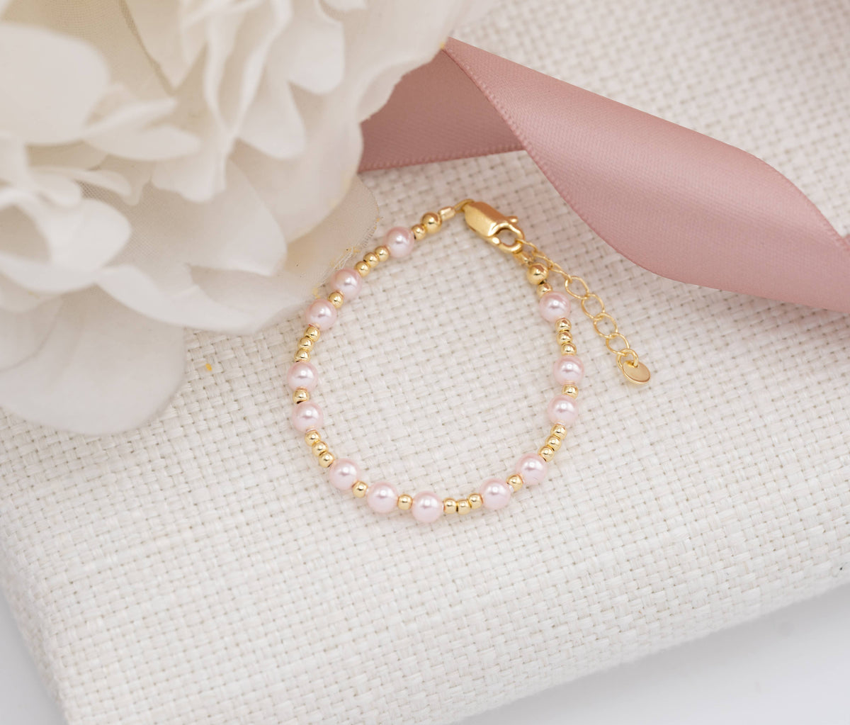 14K Gold-Plated Pink Pearl Baby or Girls Bracelet