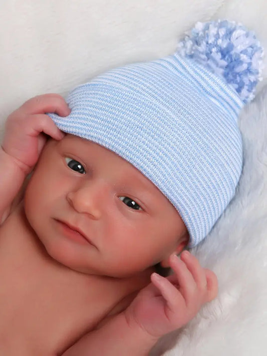 Blue Striped Newborn Hospital Hat Mixed Pom Pom