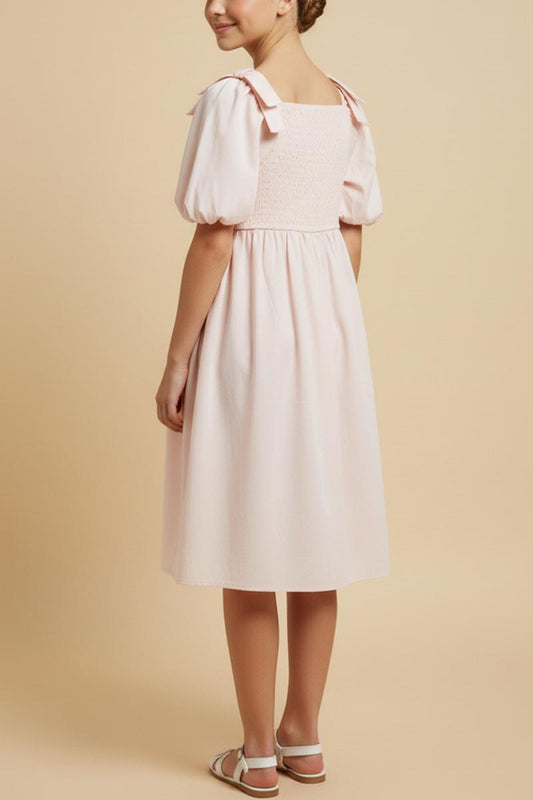 Girls Raised Pleat Detail Bow Puff Sleeve Dress