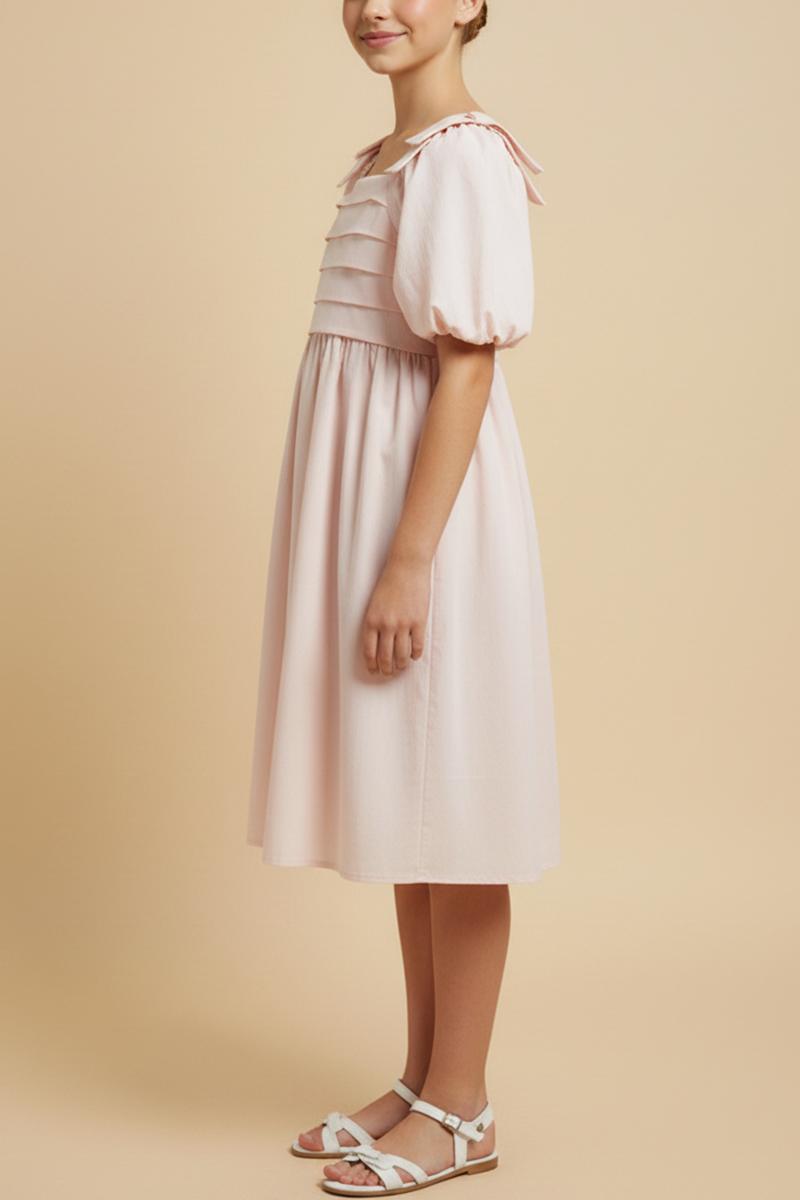 Girls Raised Pleat Detail Bow Puff Sleeve Dress
