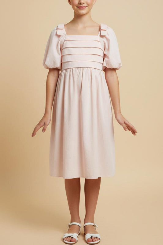 Girls Raised Pleat Detail Bow Puff Sleeve Dress
