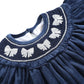 Blue Velvet Silver Bows Smocked Ruffle Bishop Dress