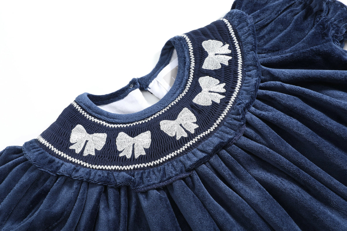Blue Velvet Silver Bows Smocked Ruffle Bishop Dress