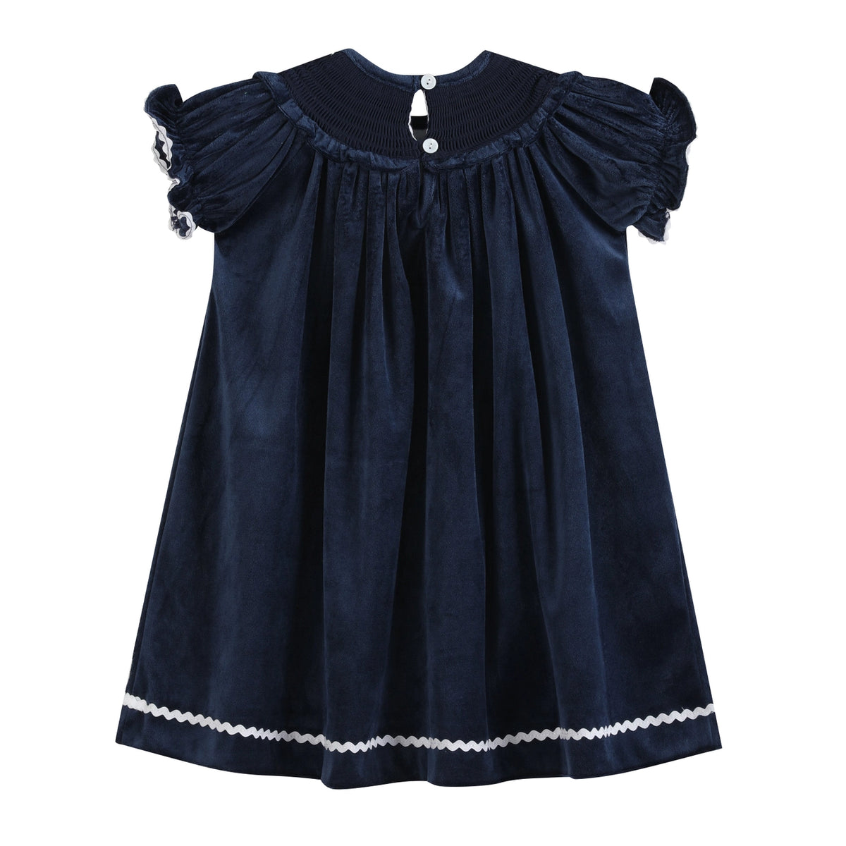 Blue Velvet Silver Bows Smocked Ruffle Bishop Dress