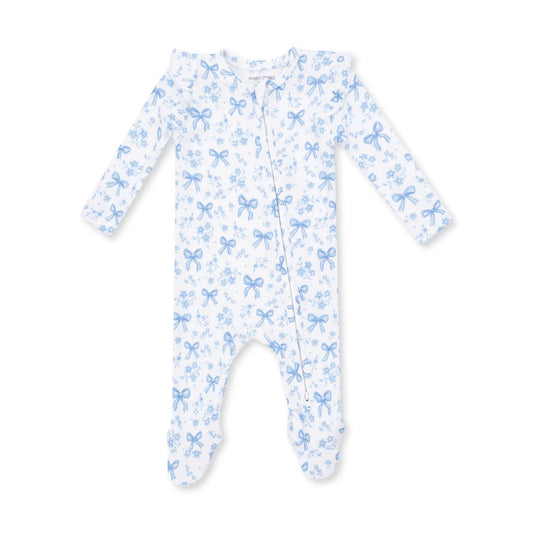 Blue Bows and Flowers  2 Way Ruffle Sleeve Zipper Footie