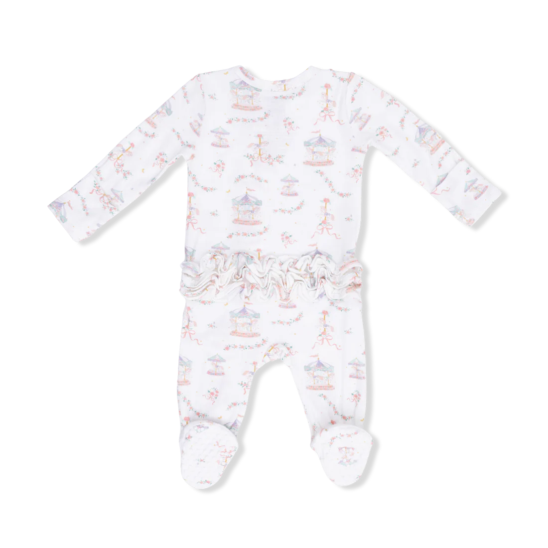 Carousel with Bows  2 Way Ruffle Back Zipper Footie