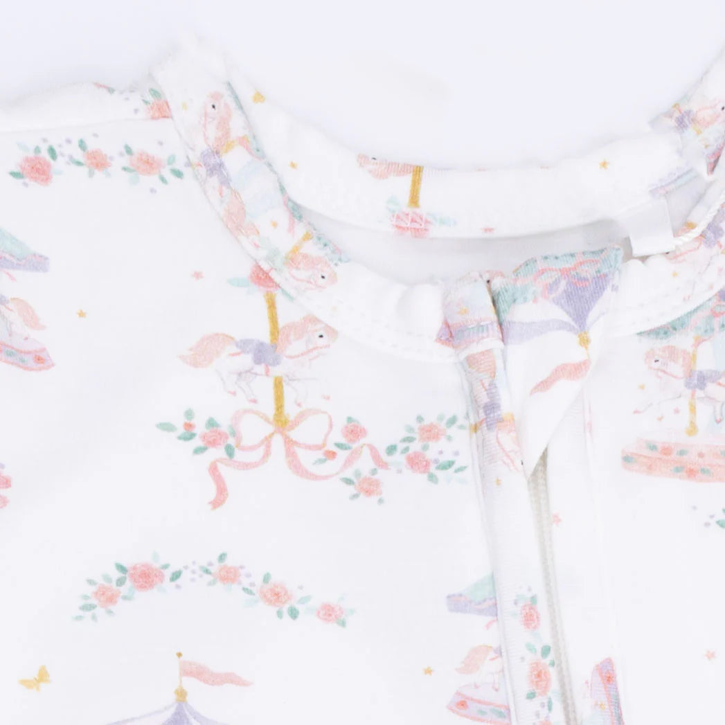 Carousel with Bows  2 Way Ruffle Back Zipper Footie