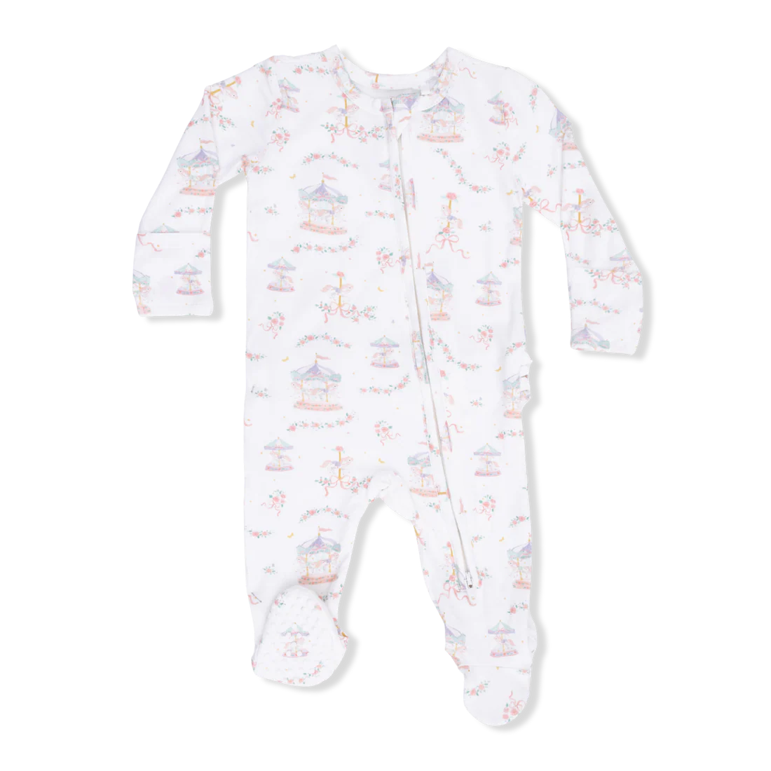 Carousel with Bows  2 Way Ruffle Back Zipper Footie