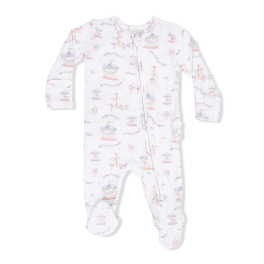 Carousel with Bows  2 Way Ruffle Back Zipper Footie
