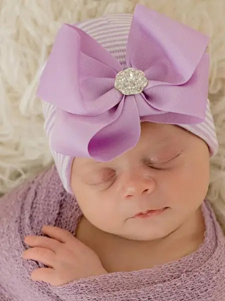 Ciara Bow Purple Striped Baby Hat Purple Bow with Gem Baby