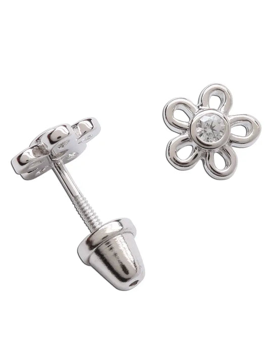 Sterling Silver Kids Screw-Back Outline Daisy Earrings Clear