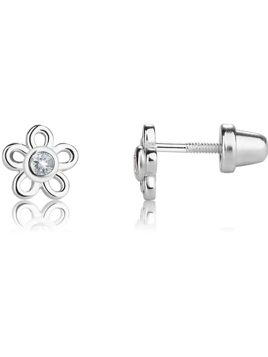 Sterling Silver Kids Screw-Back Outline Daisy Earrings Clear