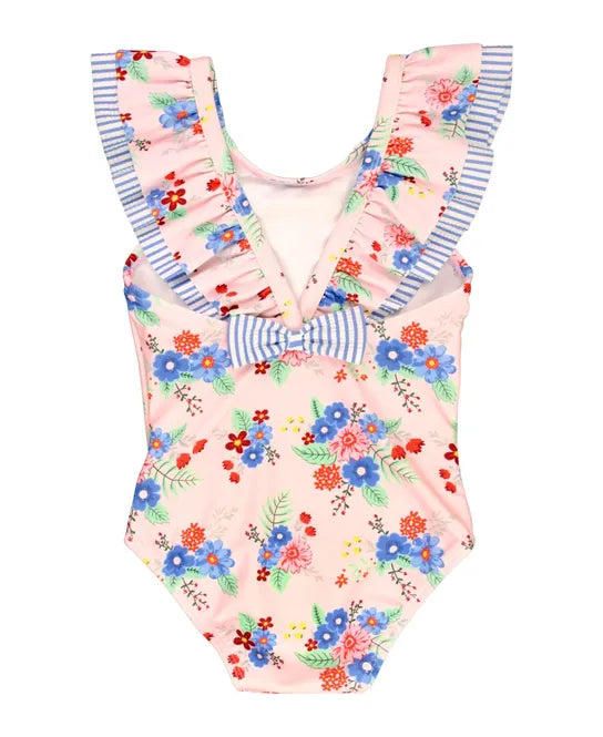 Coastal Breeze Floral Ruffle V-Back One Piece