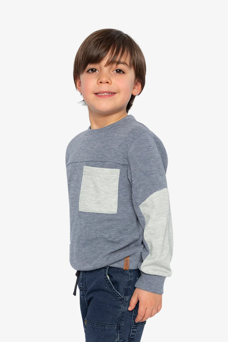 Deux par Deux Colorblock Brushed Jersey Top With Chest Pocket Blue-Grey