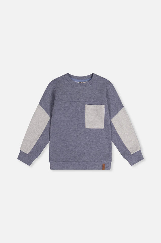 Deux par Deux Colorblock Brushed Jersey Top With Chest Pocket Blue-Grey