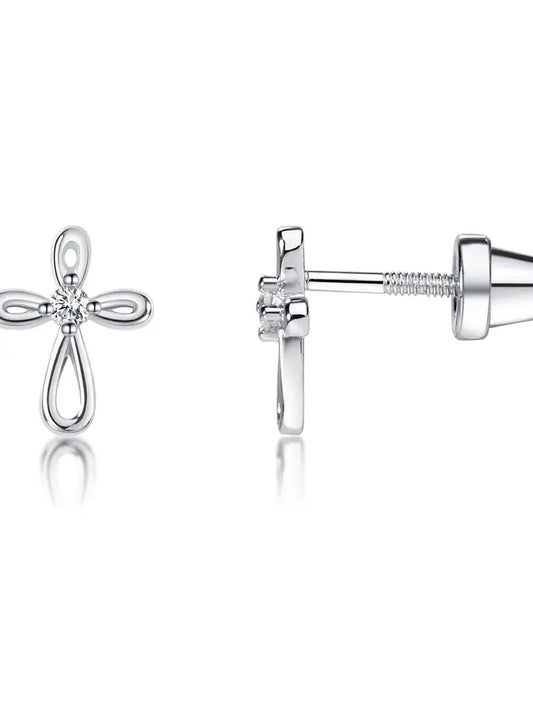 Sterling Silver Screw-Back Infinity Cross Baptism Earrings