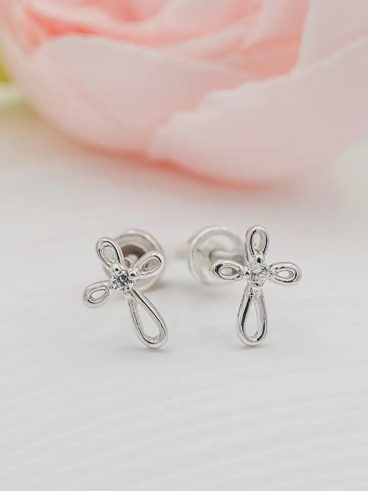 Sterling Silver Screw-Back Infinity Cross Baptism Earrings