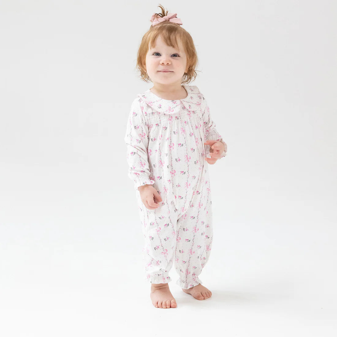 Dainty Buds and Bows Stripe  Smocked Long Sleeve Romper with Peter Pan Collar