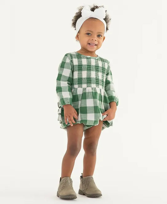 Dark Ivy Plaid Long Sleeve Smocked Bubble Romper